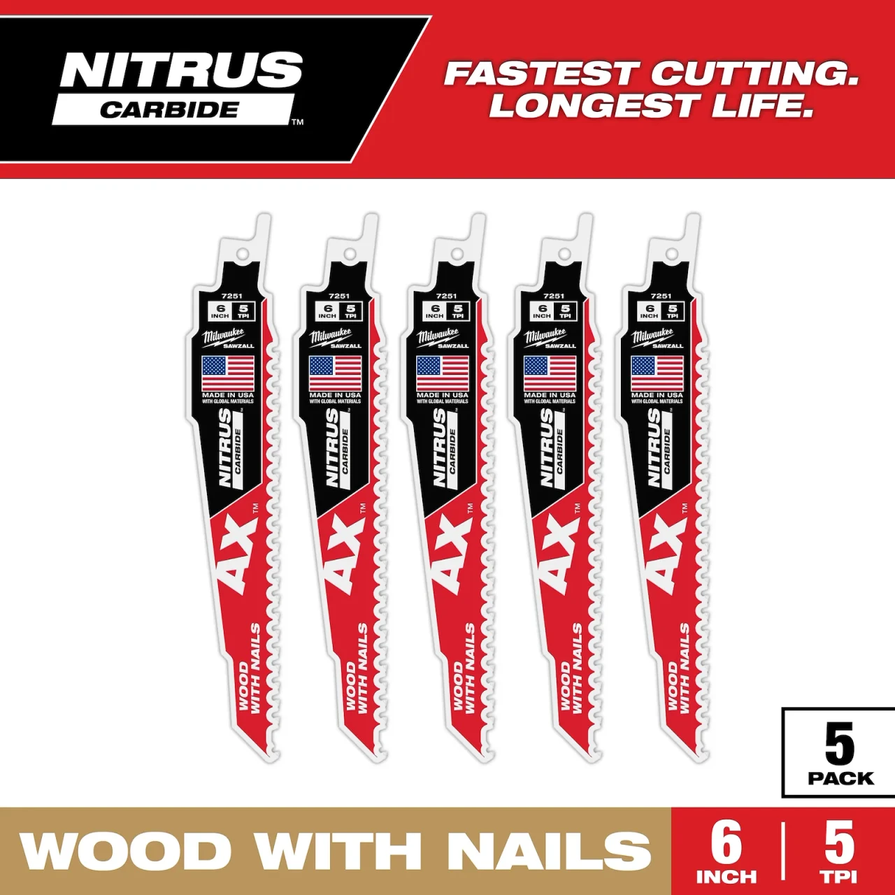 Milwaukee MIL-48-00-7551CAN 6in 5TPI AX with NITRUS Carbide Teeth SAWZALL Blade for Wood with Nails 5-Pack