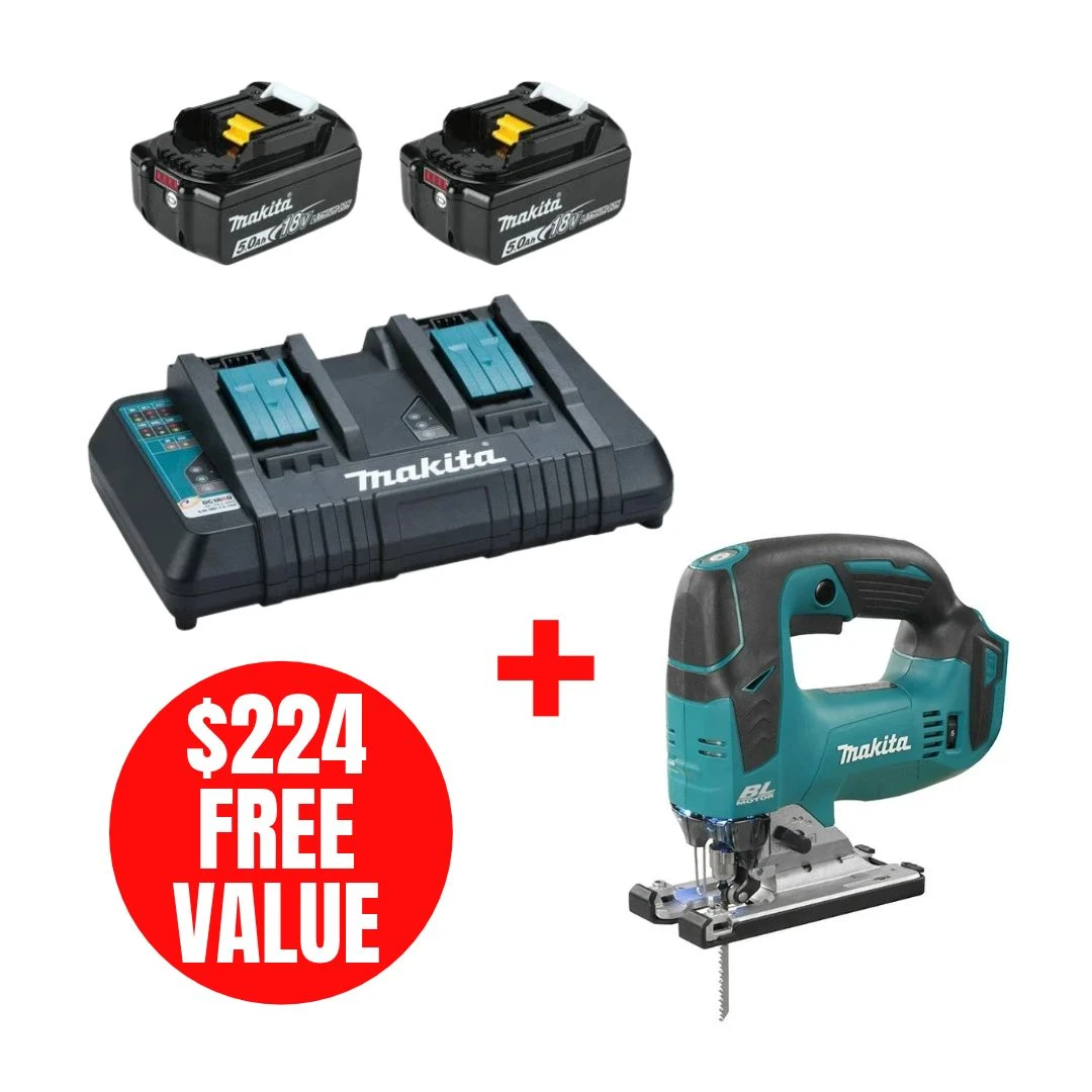 Makita MAK-Y-00359-DJV184Z 18V LXT Dual Port 2x 5.0Ah Starter Kit + DJV184Z Brushless Jigsaw