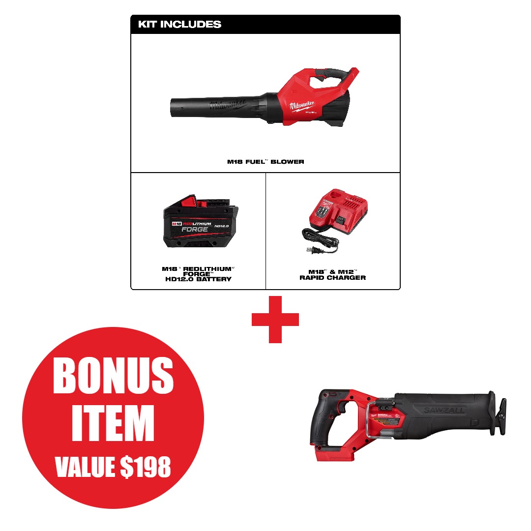 Milwaukee MIL-3017-21HD-2821-20 M18 FUEL Brushless Blower 12.0Ah Kit + M18 FUEL SAWZALL Reciprocating Saw Bare Tool