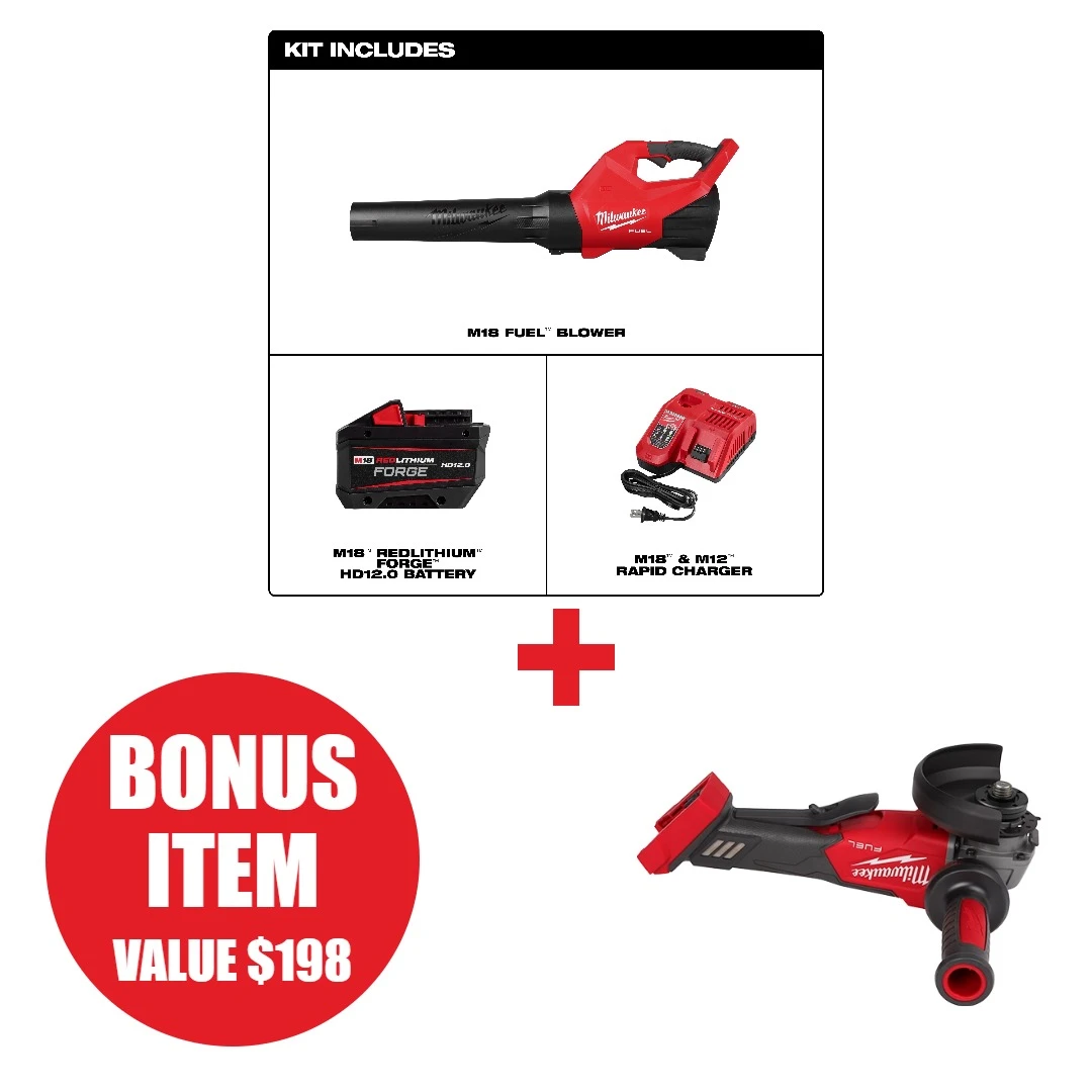 Milwaukee MIL-3017-21HD-2880-20 M18 FUEL Brushless Blower 12.0Ah Kit + M18 FUEL 4-1/2in / 5in Braking Grinder Paddle Switch No-Lock Bare Tool