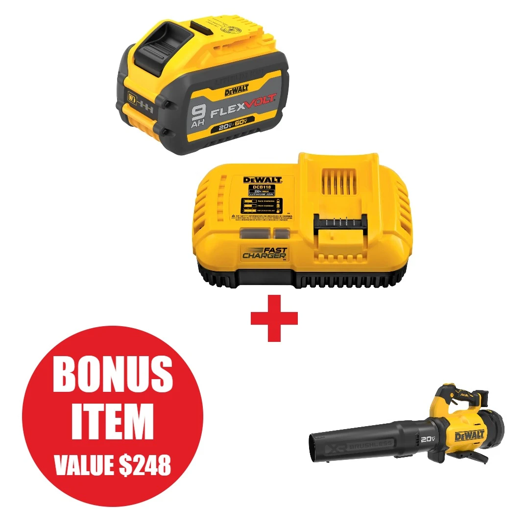 DEWALT DEW-DCB609C-DCBL724B FLEXVOLT 20V/60V MAX 9.0Ah Battery and Charger Starter Kit + 20V MAX XR Brushless Handheld Blower Bare Tool