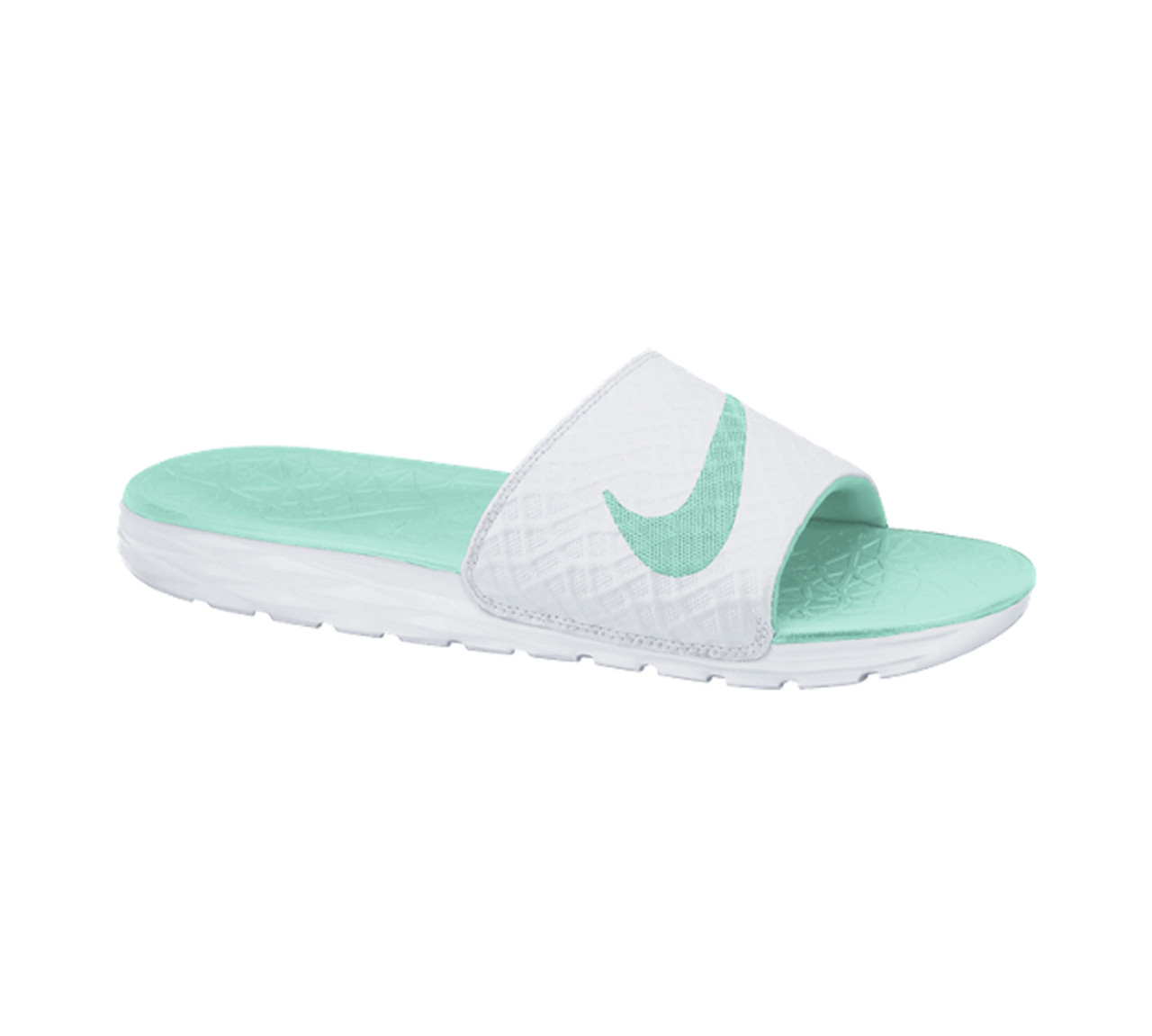 teal and white nike slides