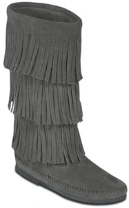 Minnetonka Calf Hi 3 Layer Fringe Grey | Minnetonka 1631T Grey Suede