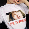 Life is boring white tee with a print of a bored girl