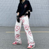 GRUNGE WIDE LEG WIRE NETTING HEART PATTERN PANTS