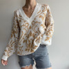 Indie Aesthetic Patterned V-Neck Oversize White Sweater
