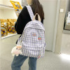 soft aesthetic style plaid, colorful backpack with rabbit toy