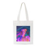 art pieces cloth bag with a neon light on a statue