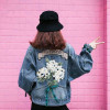 fairycore flower denim jacket with green ribbons and the quote of no love lost