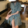 AESTHETIC VINTAGE DOUBLE BREASTED SUIT COLLAR PLAID MIDI DRESS - Cosmique Studio