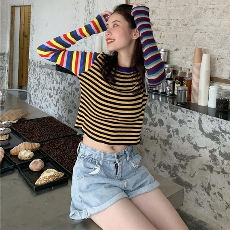 80S 90S AESTHETIC STRIPED LONG SLEEVE TEE - Cosmique Studio