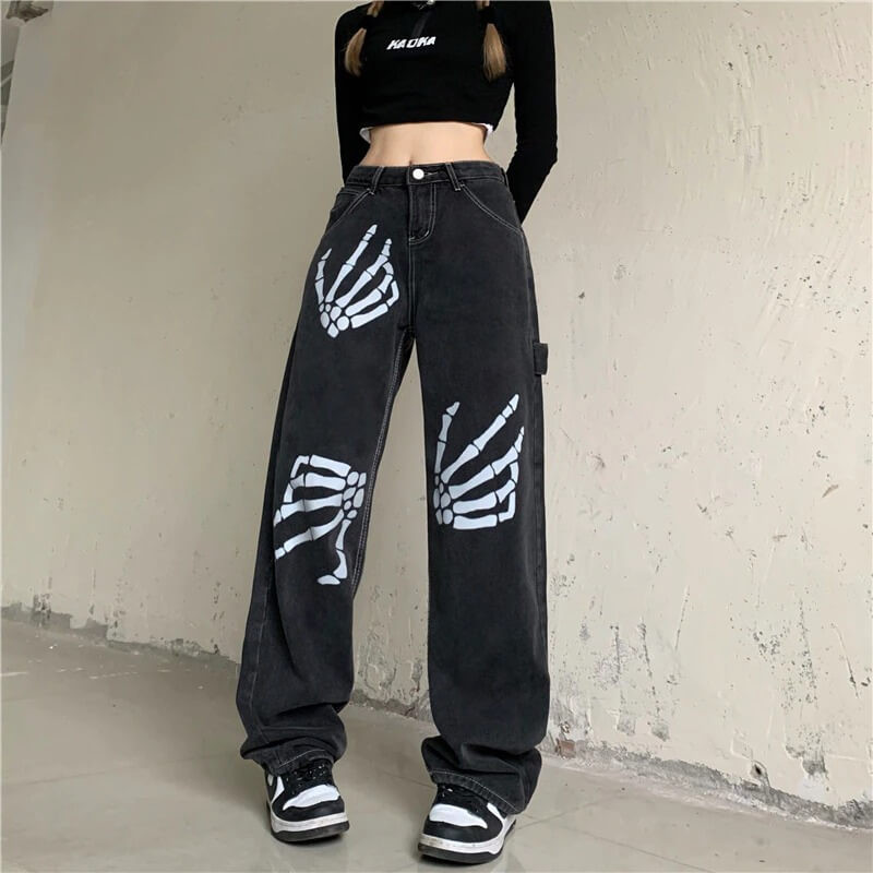 パンツ 2000's archive skeleton paint denim y2k Y2k Skeleton Hands Denim Pants - Cosmique Studio
