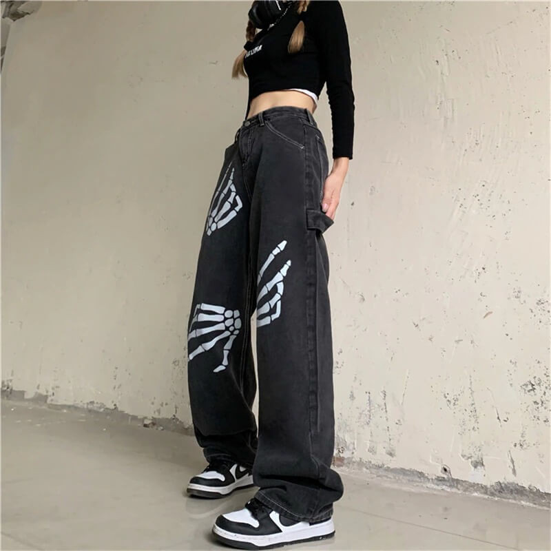 Y2k Skeleton Hands Denim Pants - Cosmique Studio