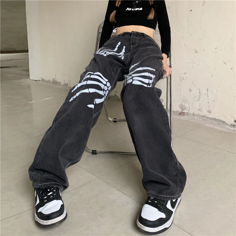Y2k Skeleton Hands Denim Pants - Cosmique Studio