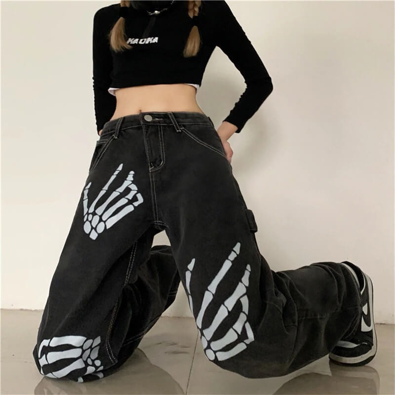 Y2k Skeleton Hands Denim Pants - Cosmique Studio