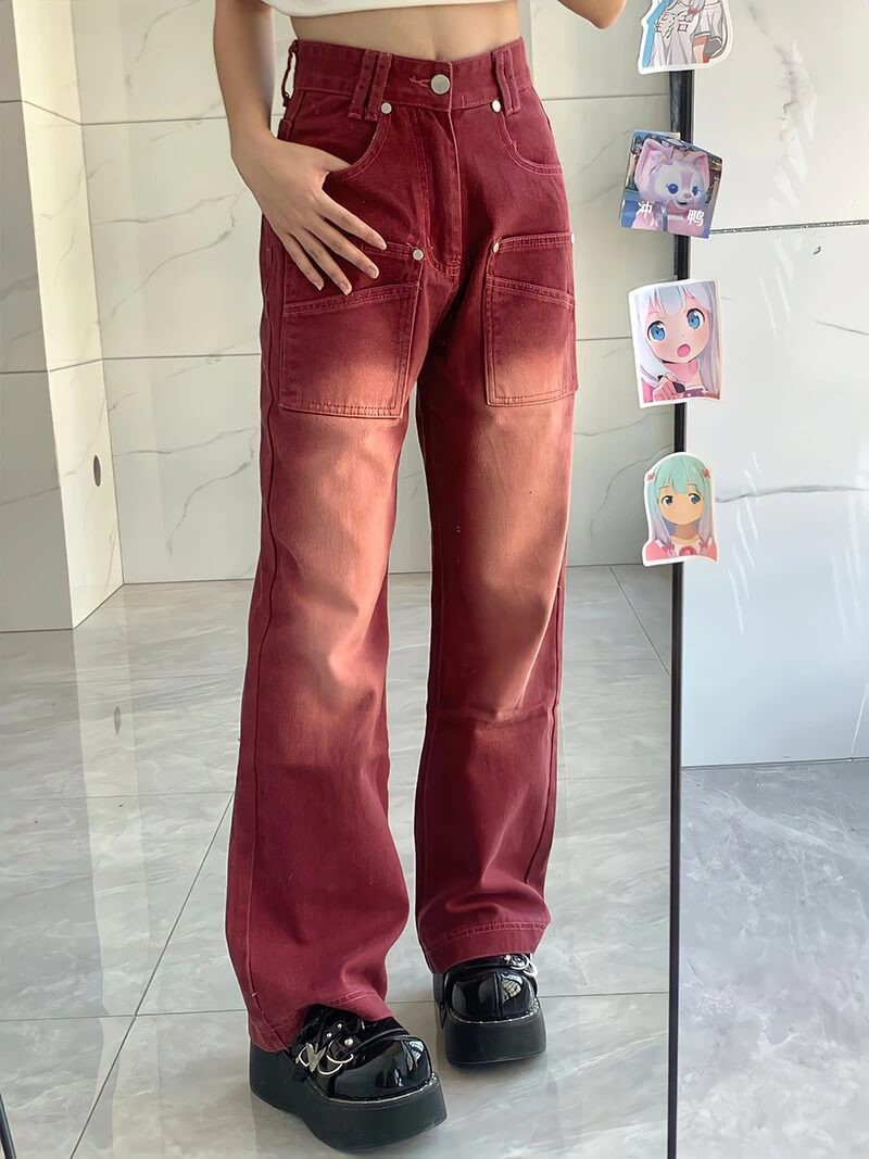 Y2k Bf Style Red Denim Pants - Cosmique Studio