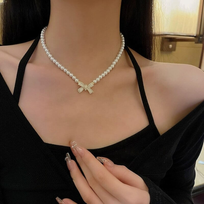 Coquette Pearl Ribbon Necklace - Cosmique Studio