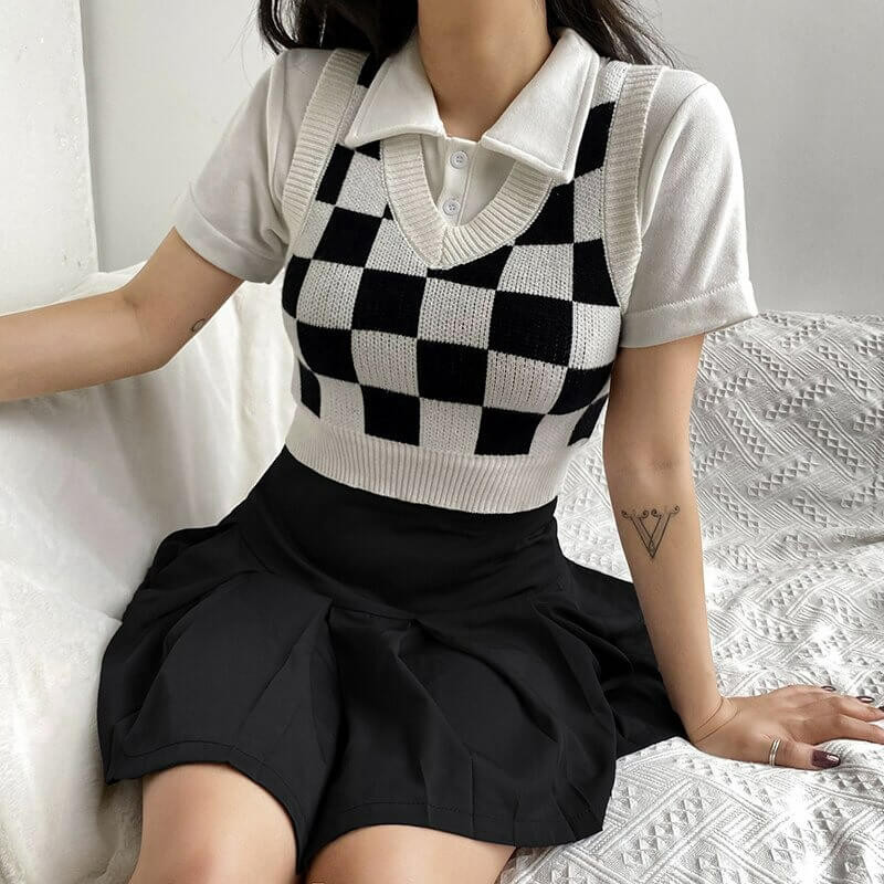 Checkered Knit Crop Sweater Vest - Cosmique Studio
