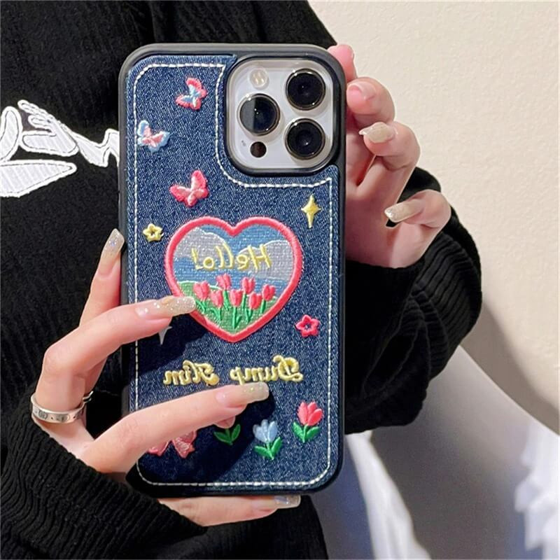 Y2k Denim Embroidered Phone Case - Cosmique Studio