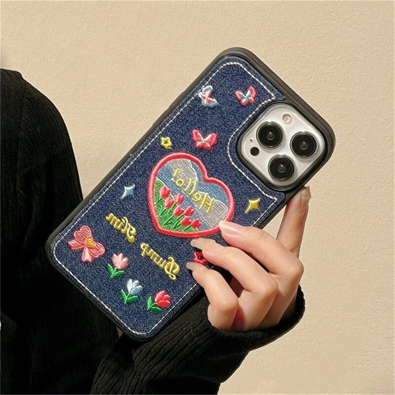 Y2k Denim Embroidered Phone Case - Cosmique Studio