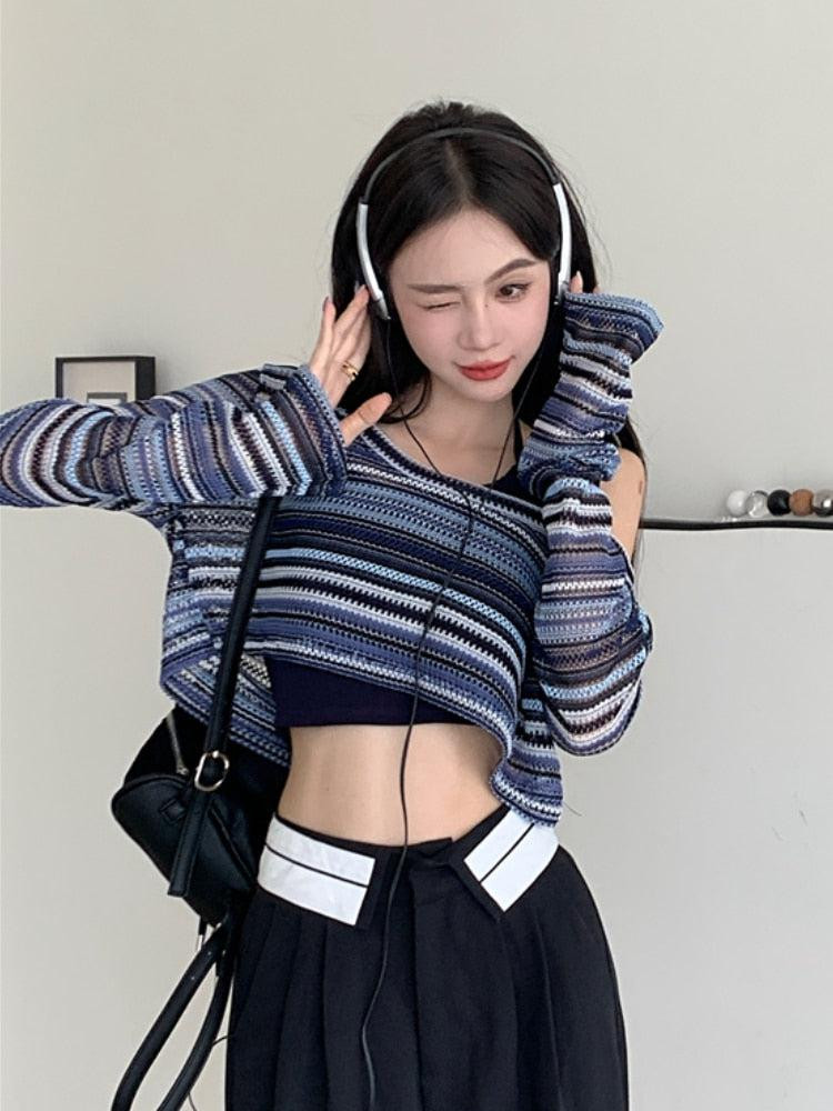 Trendy Knitwear For Women Mxiqqpltky Y2K Striped Crochet Crop