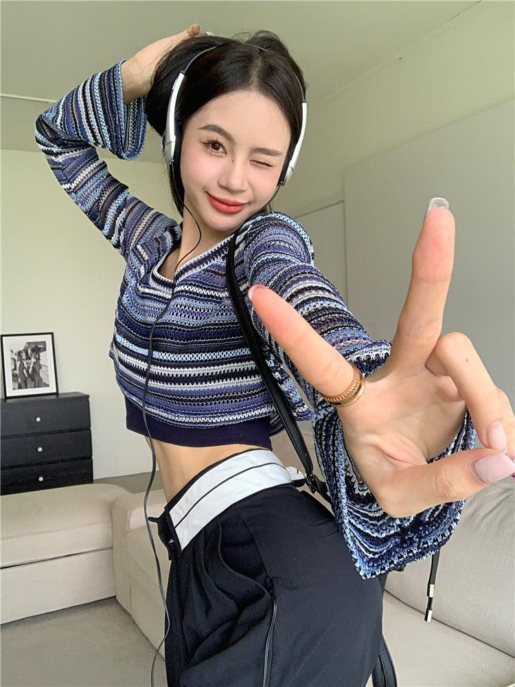 Y2K Striped Crop Sweater - Cosmique Studio