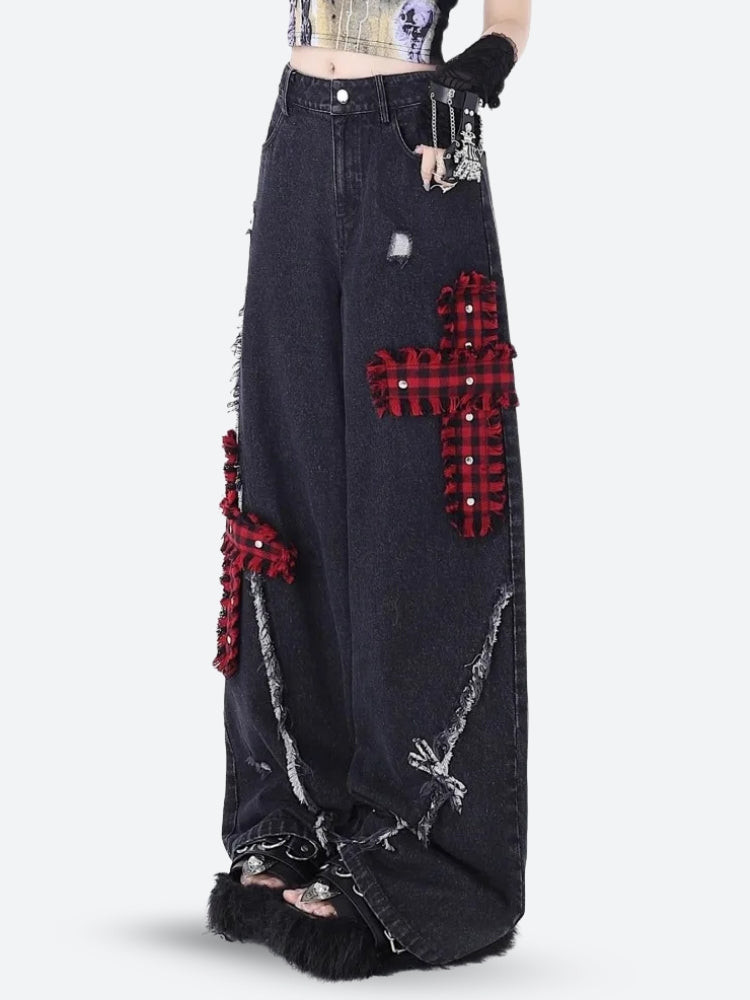 Grunge Plaid Cross Patch Baggy Jeans - Cosmique Studio