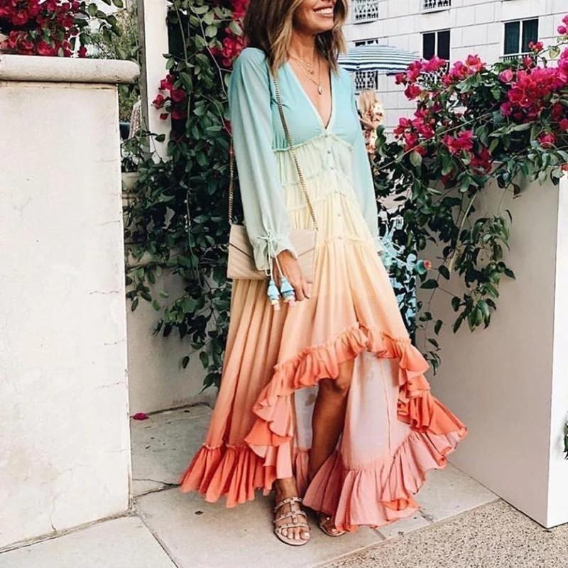 Boho Inspired Rainbow High Low Maxi Dress Boho Inspired Rainbow High Low Maxi Dress
