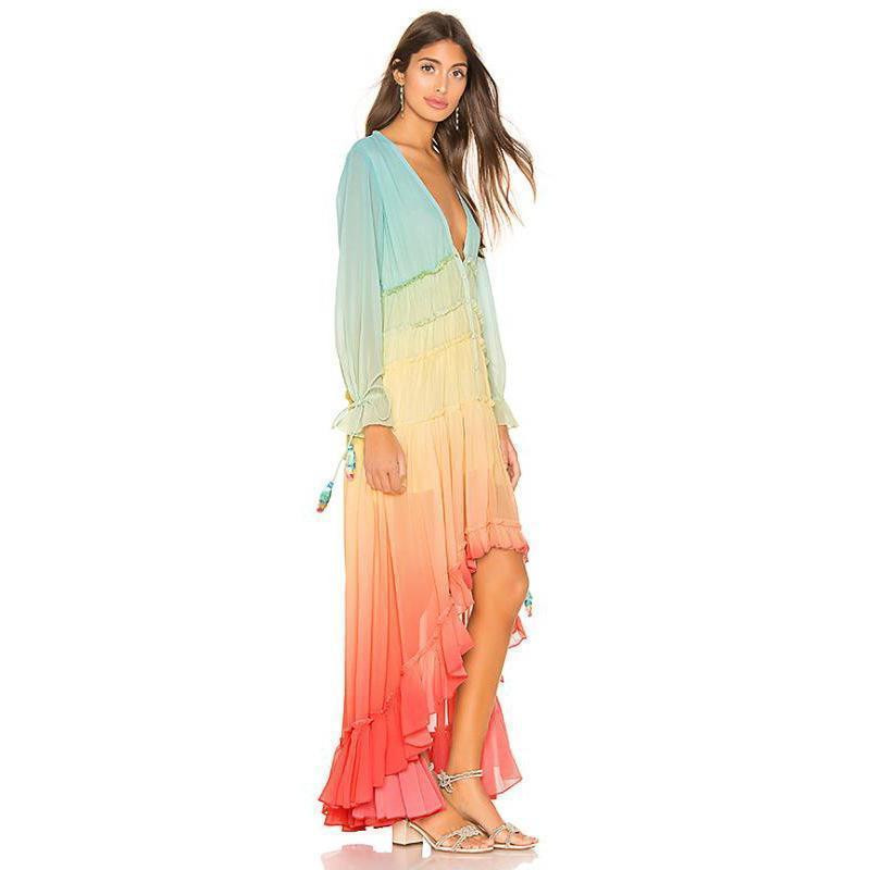 Boho Inspired Rainbow High Low Maxi Dress