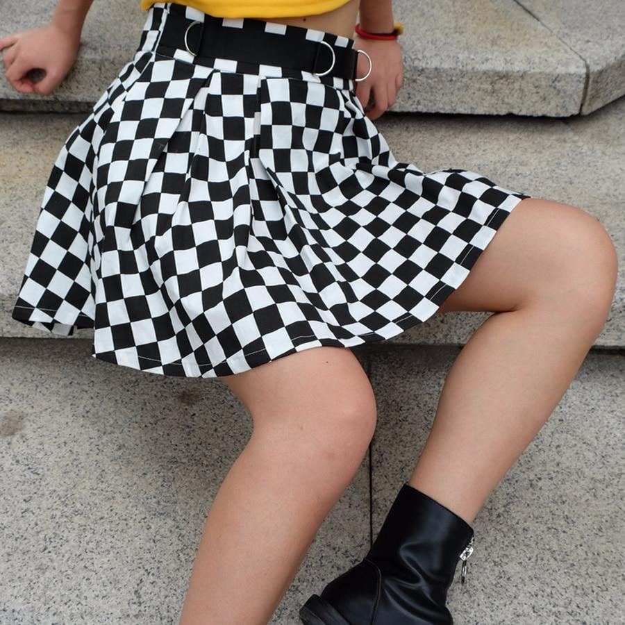 PLEATED CHECKERBOARD HIGH WAIST MINI SKIRT - Cosmique Studio
