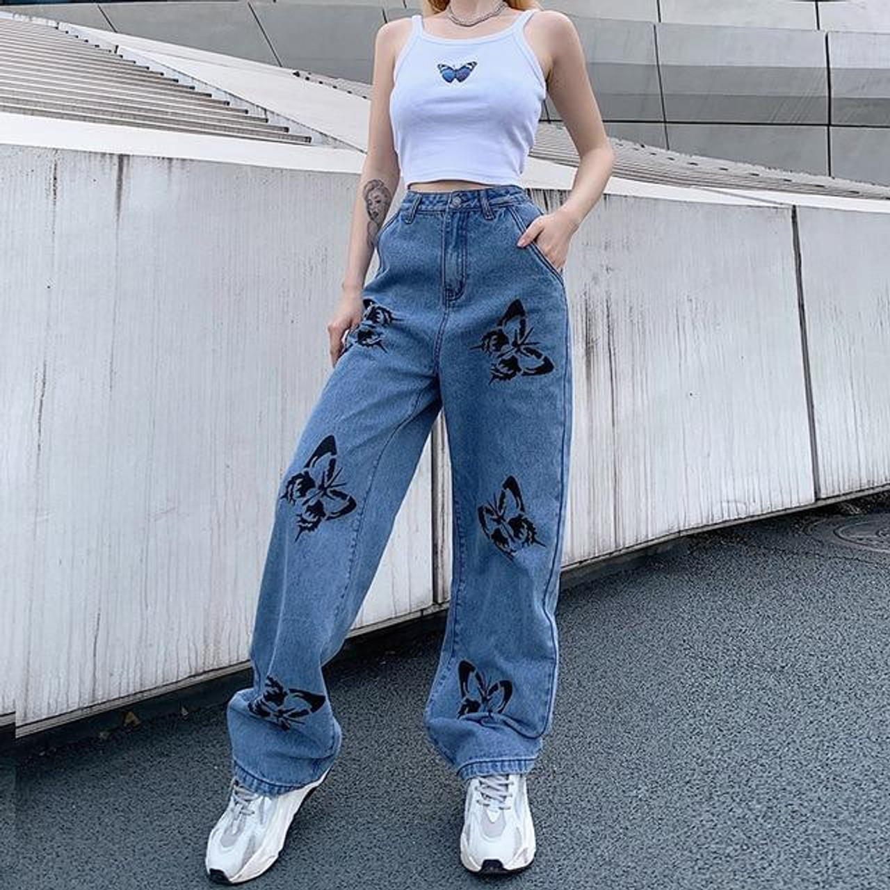 DanceeMangoo Hip Butterfly Print Harajuku Fashion Jeans Women Streetwear  Casual Baggy Straight High Waist Mom Denim Oversize 90s 