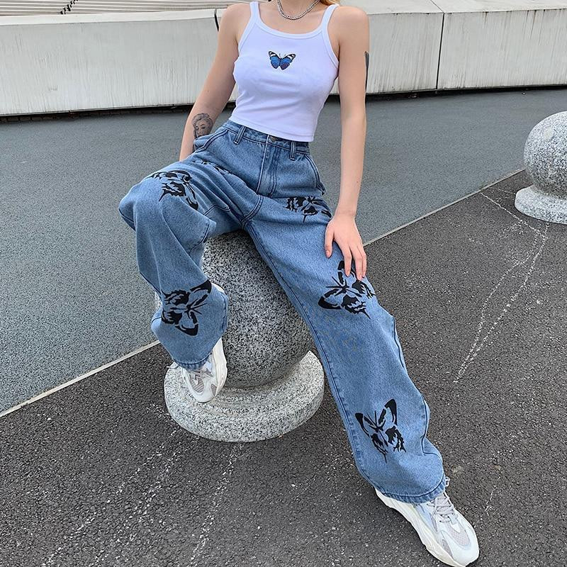 HARAJUKU BUTTERFLY PRINTED LOOSE DENIM 