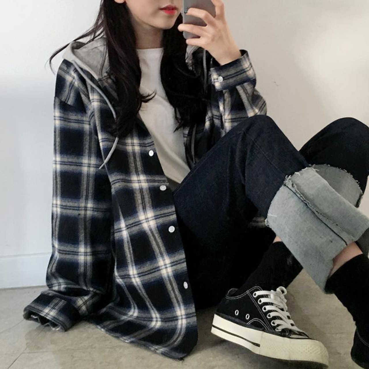 KOREAN STYLE PLAID HOODED SHIRT - Cosmique Studio