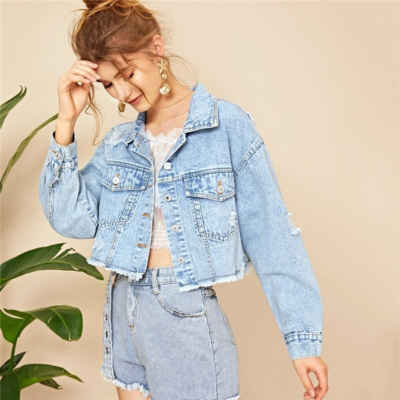 BLUE RIPPED CROP DENIM JACKET 