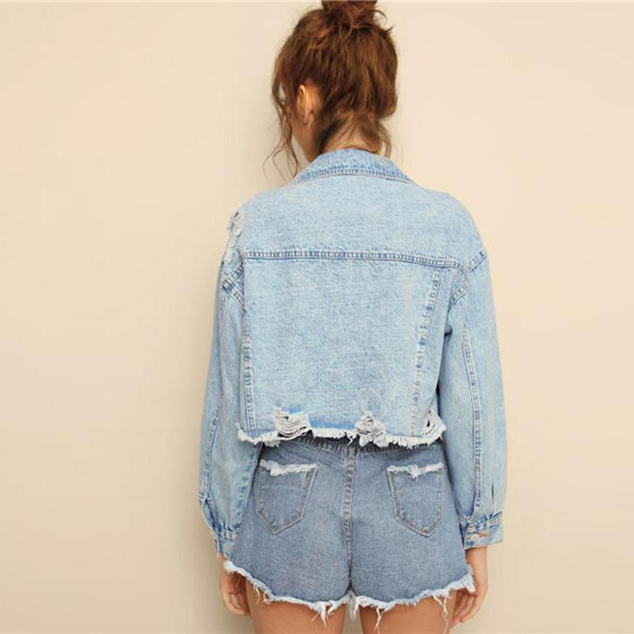 Ripped Light Wash Cropped Denim Jacket JEANS BLUE , #spon, #Wash, #Cropped,  #Ripped, #Light, #JEANS #Ad | Denim jacket fashion, Denim jacket women,  Denim fashion