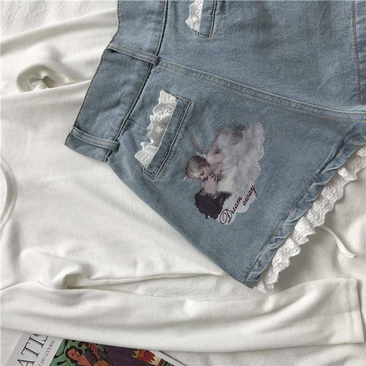 KAWAII LOLITA STYLE ANGEL PRINTED DENIM SHORTS - Cosmique Studio