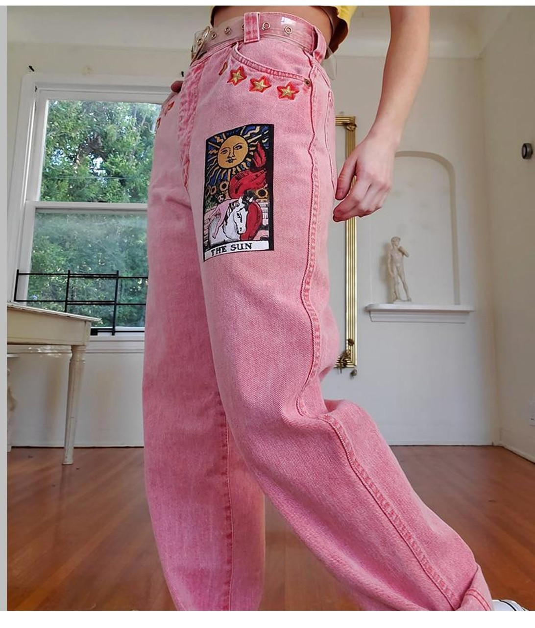 AESTHETIC VINTAGE ART HOE PRINTED DENIM PANTS - Cosmique Studio