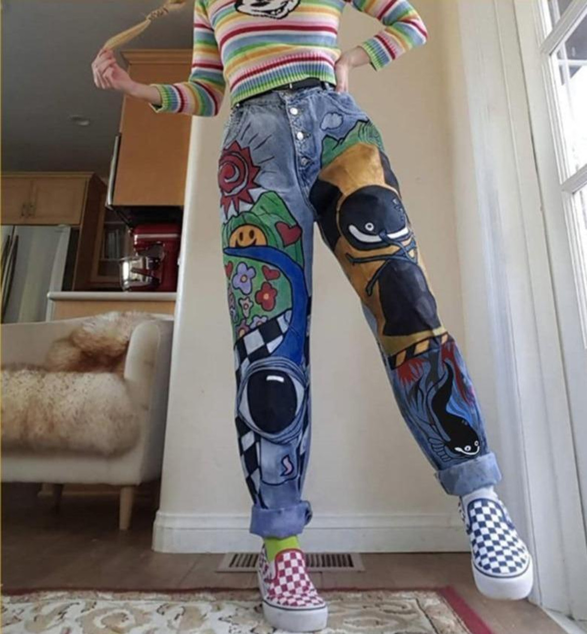 Vintage Style Cartoon Printed Denim Pants