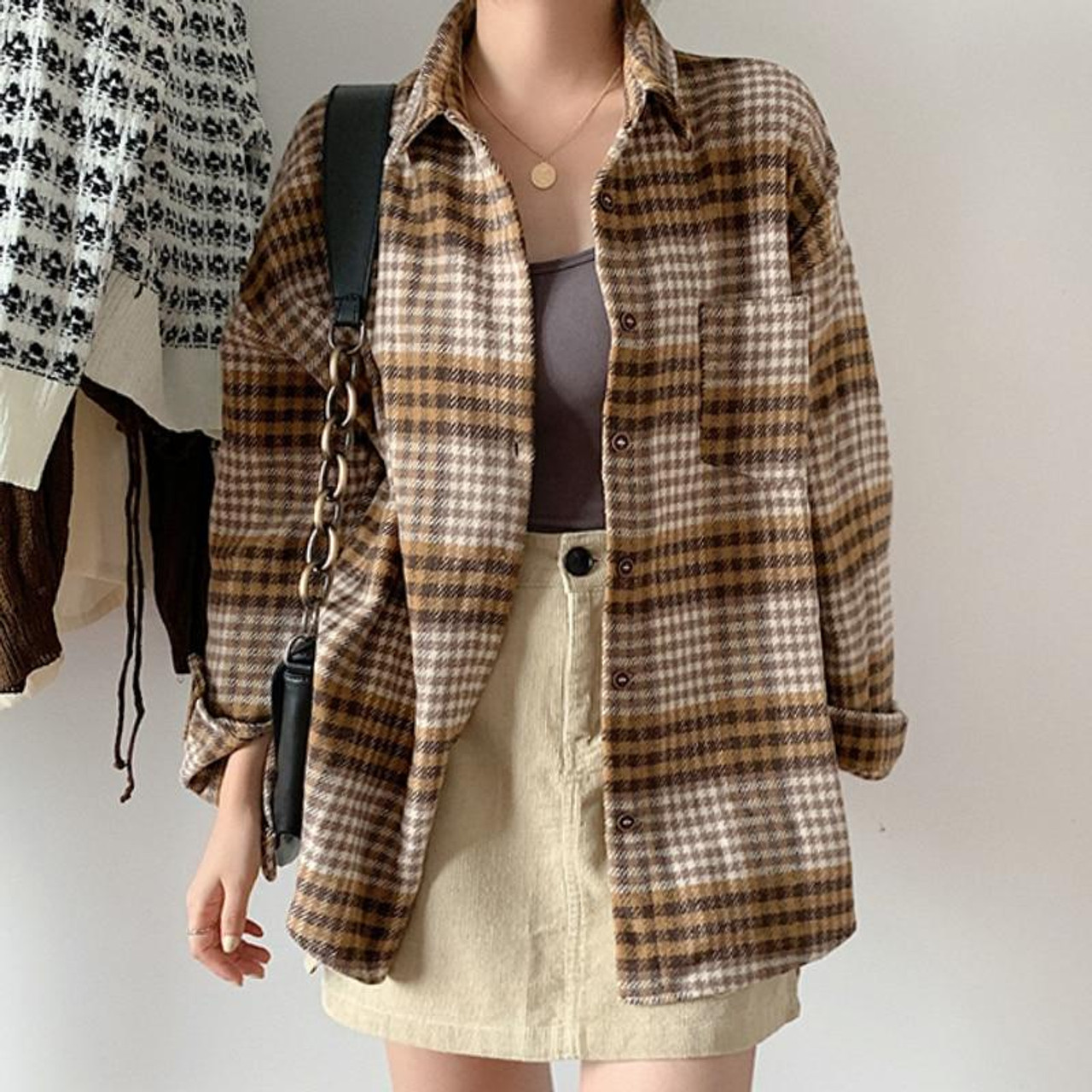 AESTHETIC VINTAGE WOOLEN PLAID SHIRT - Cosmique Studio