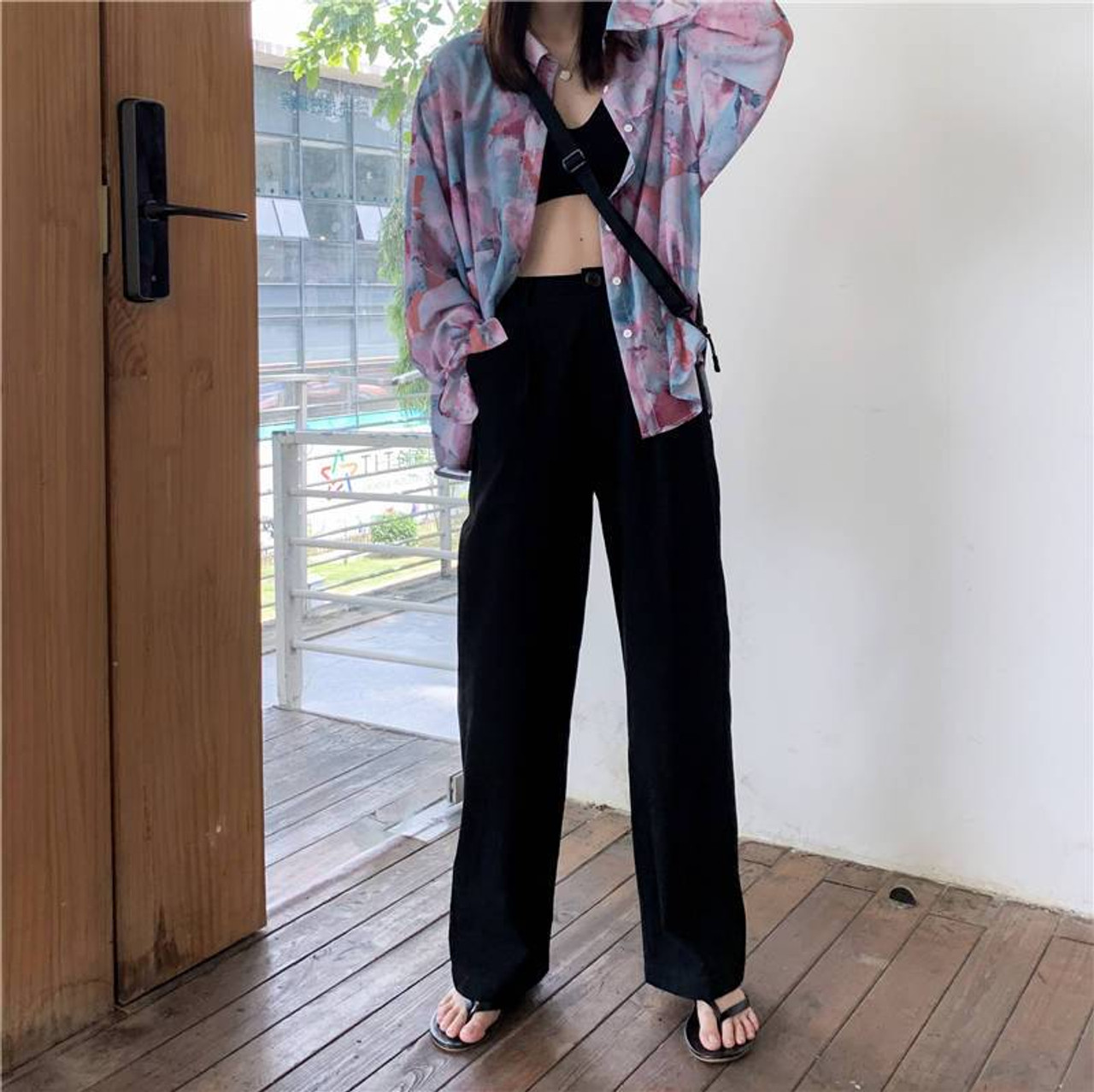 Amazon.com: Anime Print High Waist with Belt Wide Leg Baggy Pants Women' s  Pants Korean Style Trousers Loose Pants (Color : 2, Size : S.) : Clothing,  Shoes & Jewelry