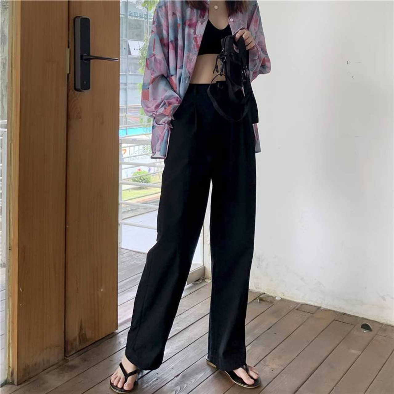 Clacive Elegant Loose Gray Office Women Pants Fashion High Waist Straight  Trousers Casual Chic Spliced Full Length Female Pants