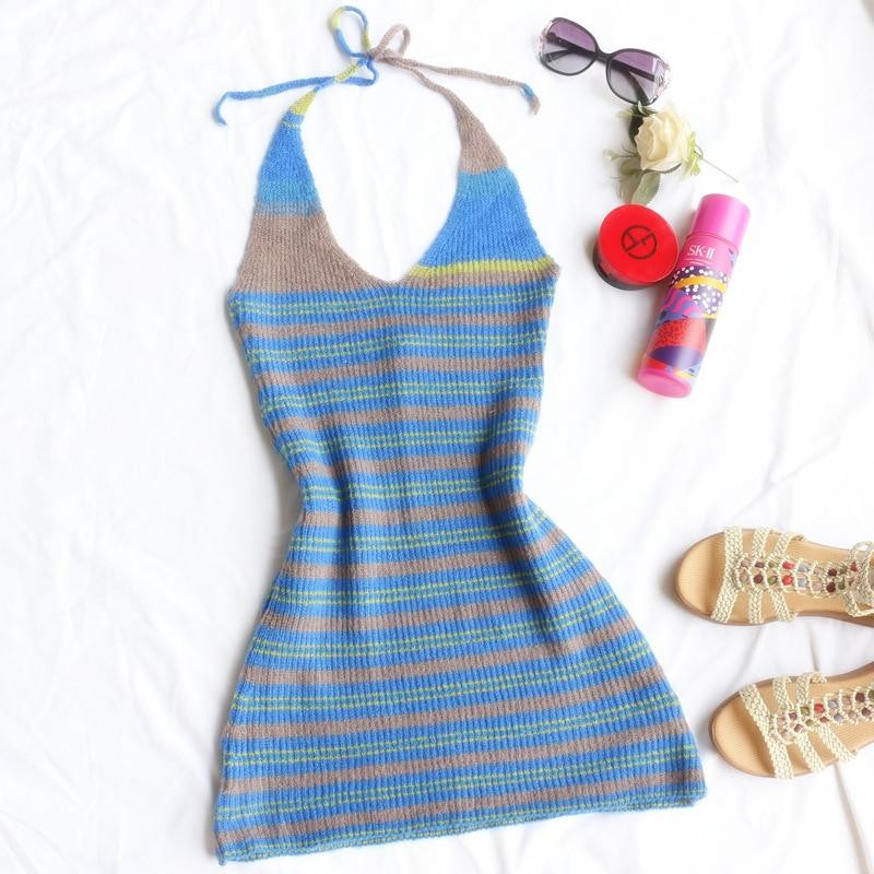 Y2K STRIPED KNIT MINI DRESS - Cosmique 