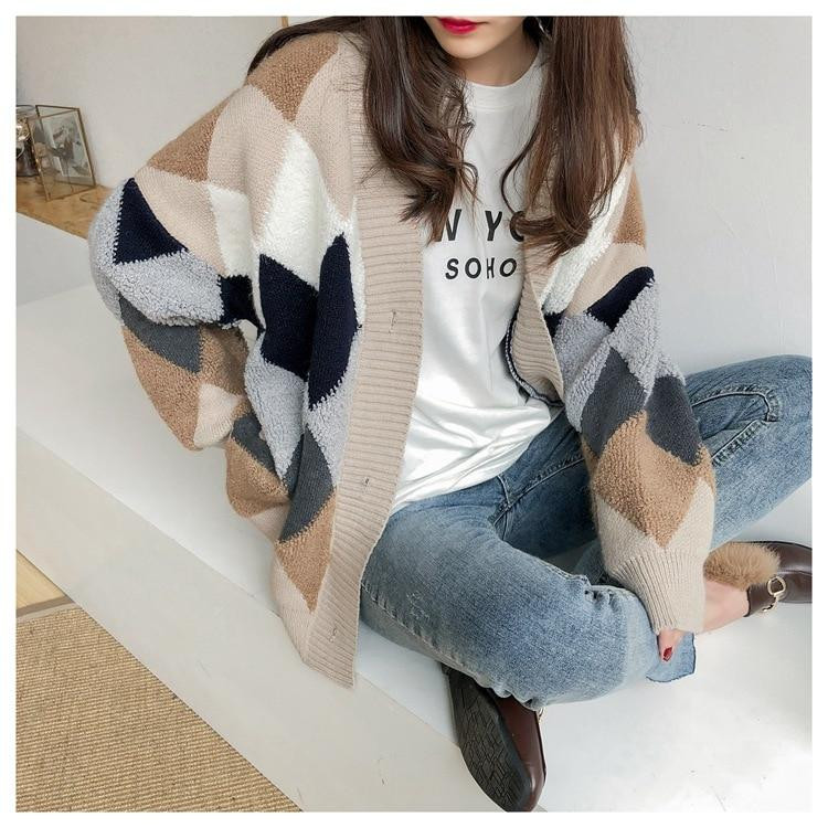 Preppy Plaid V-Neck Cardigan Sweater | Khaki | One Size