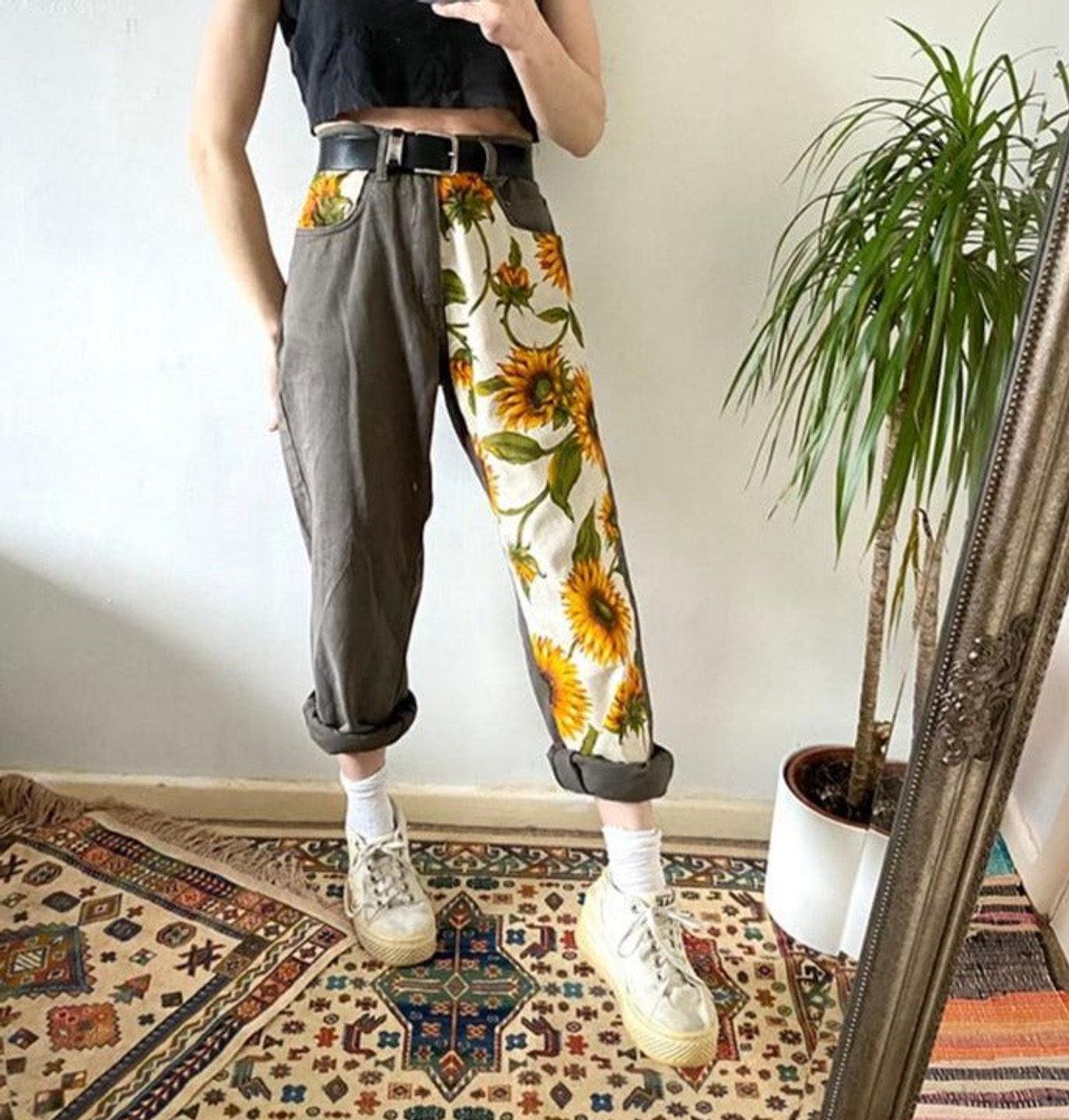 Art Hoe Aesthetic Sunflower High Waist Pants - Cosmique Studio