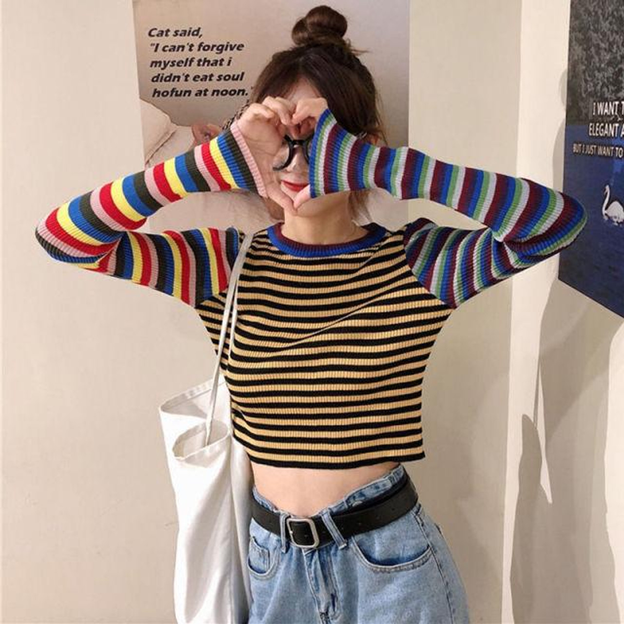 80S 90S AESTHETIC STRIPED LONG SLEEVE TEE - Cosmique Studio