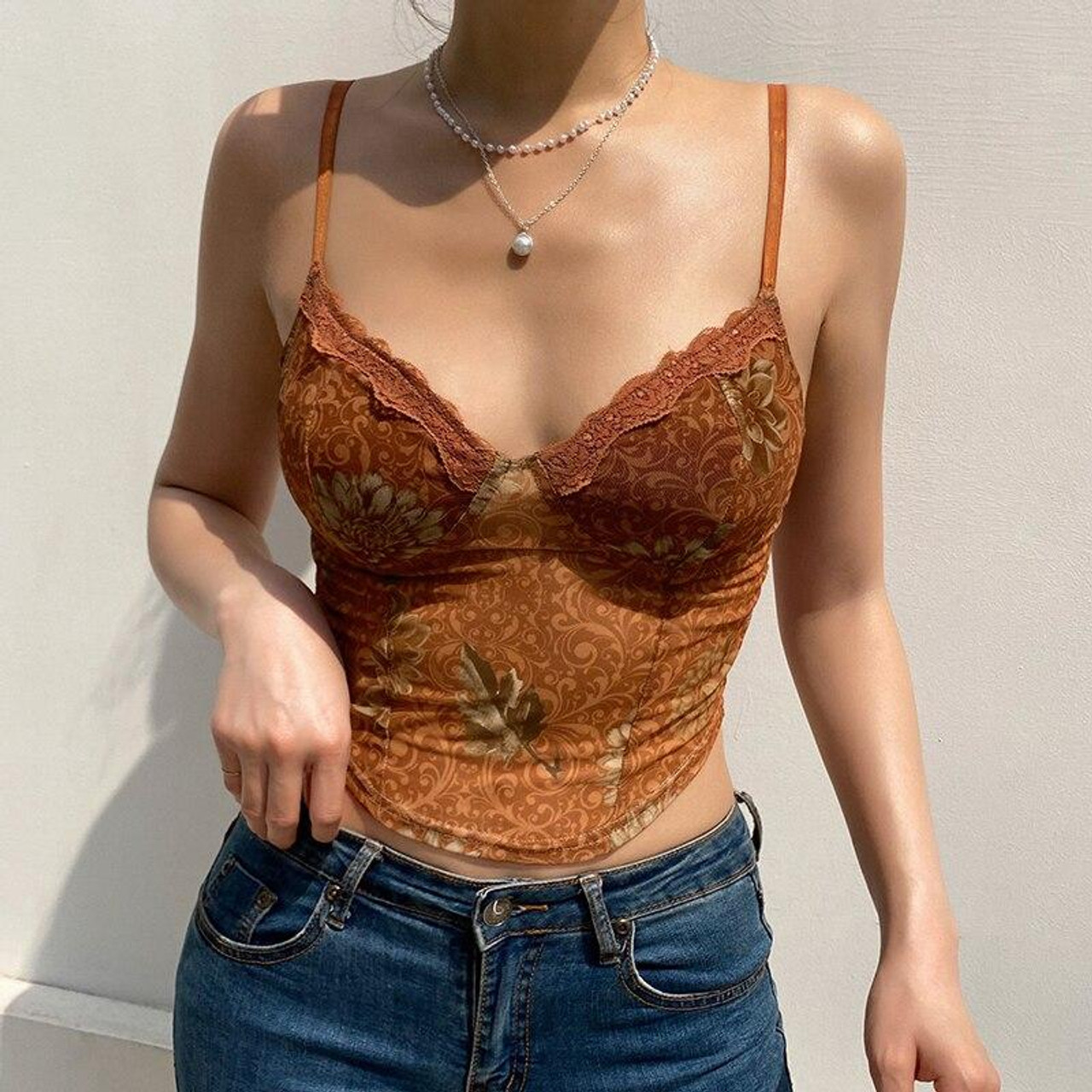 Y2K LACE SUMMER BROWN CROP TOP - Cosmique Studio