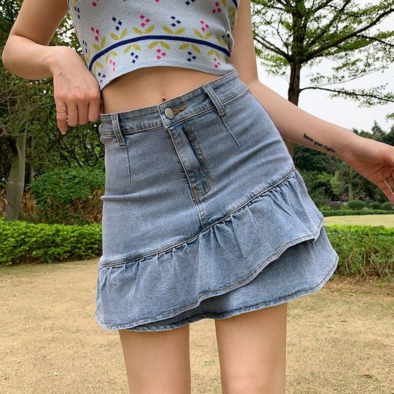 Danceemangoos Womens Jean Skirt Y2K High Waist A-Line Ruffle Pleated Denim Mini Skirt, Adult Unisex, Size: 2XL, Blue