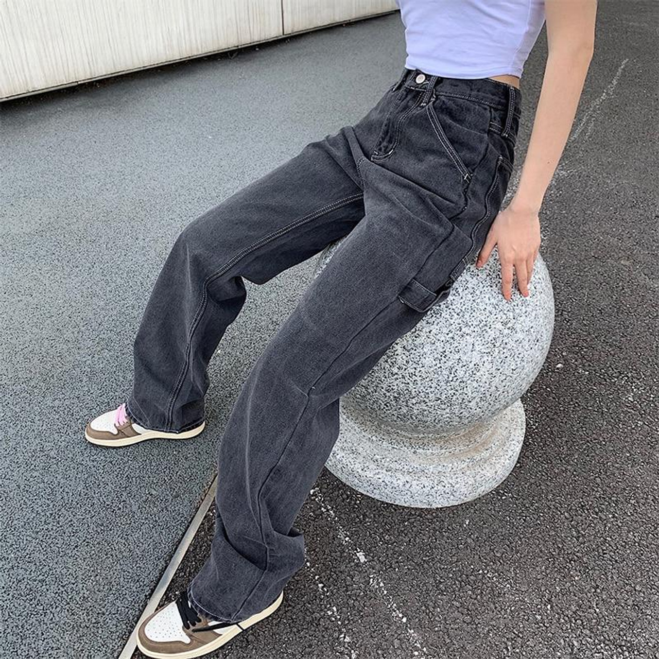 Y2K High Waist Loose Gray Denim Pants