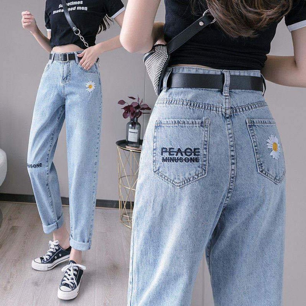 Peaceminusone Denim pants ピースマイナスワン Y2K PEACE MINUSONE DAISY DESIGN BLUE DENIM PANTS - Cosmique