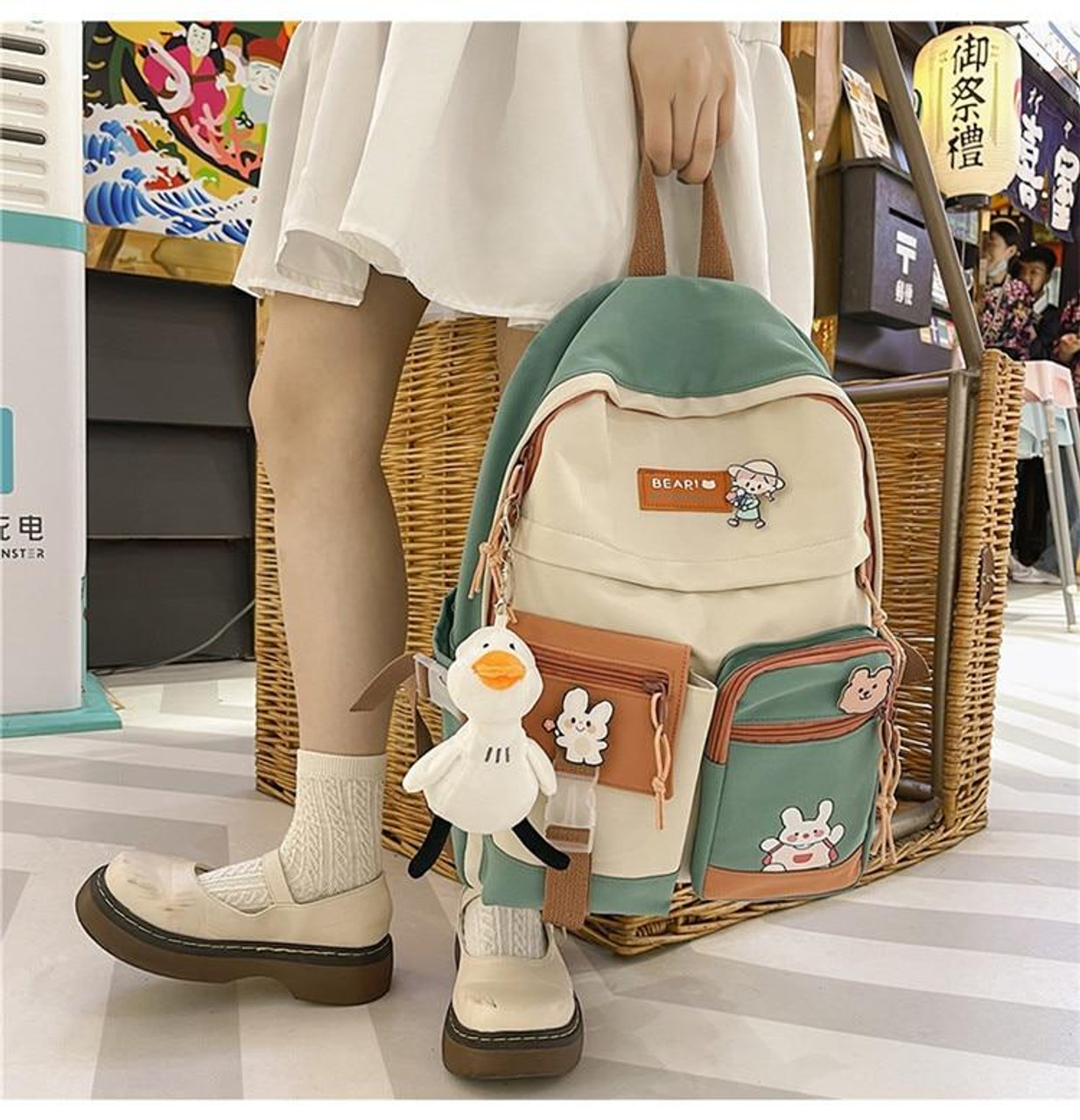 Cartoon Duck Design Classic Backpack With Flower Charm School Bag For  Graduate, Teen Girls, Freshman, Sophomore, Junior & Senior In College